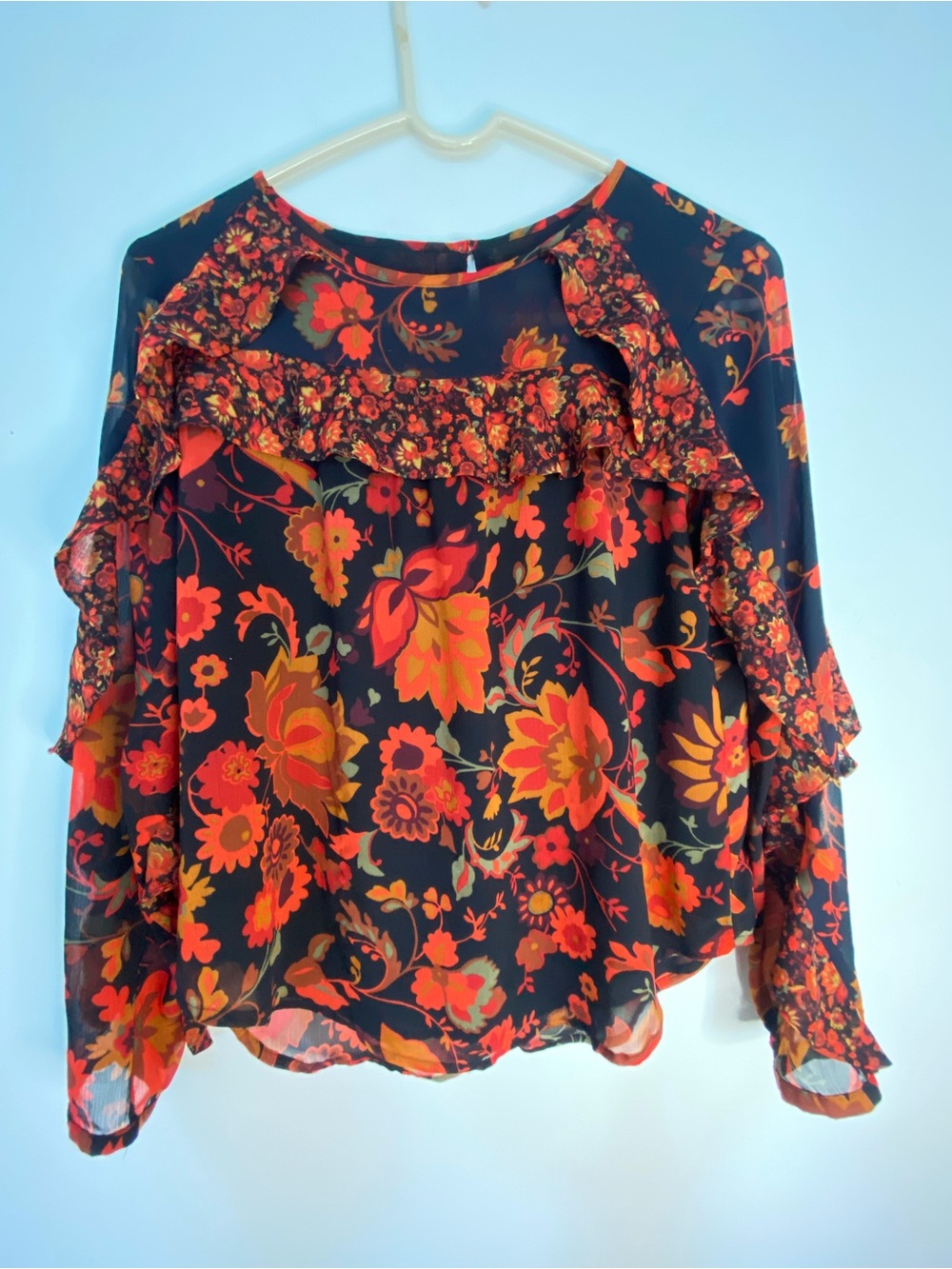 LOFT Black Floral Ruffle Long-Sleeve Blouse with Red & Orange Flowers